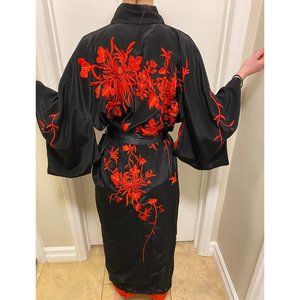 Gorgeous full-length black kimono robe with red embroidery made in Japan